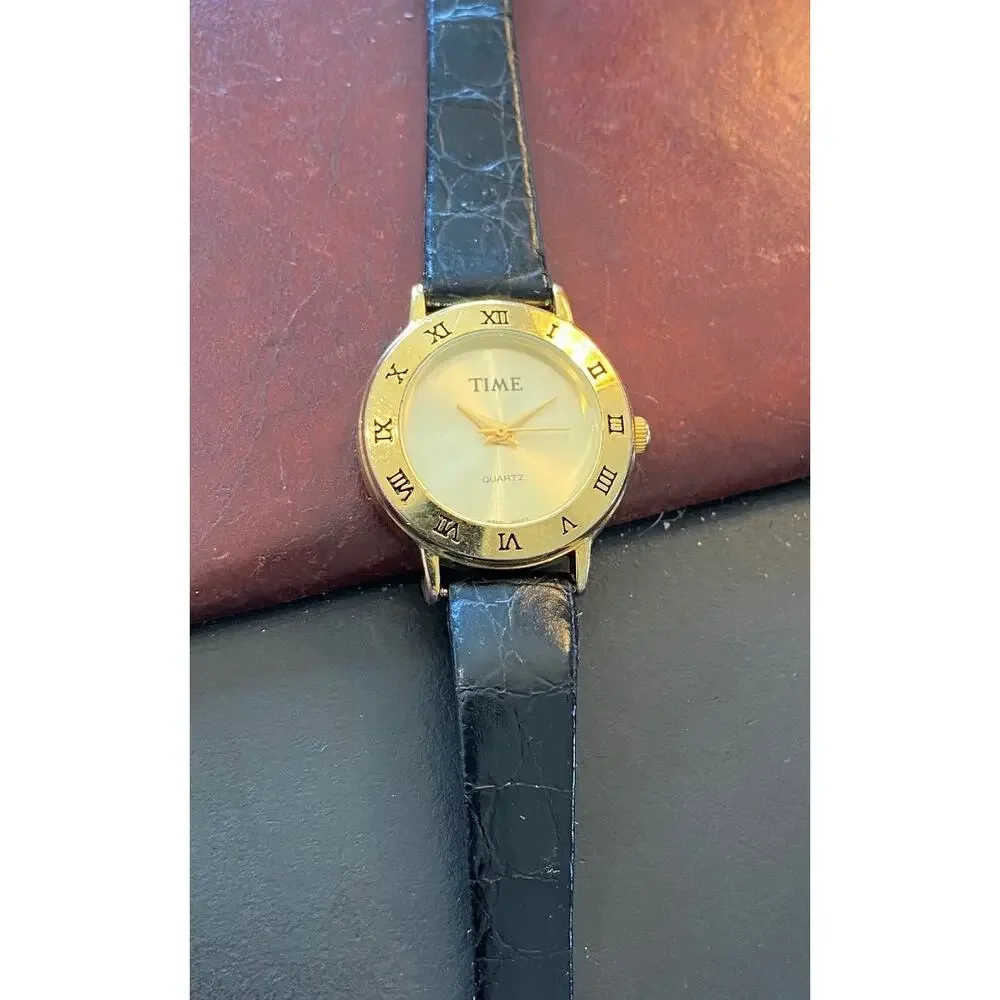 Women's 25mm Time Magazine Watch, Gold Tone with Black Band, New Battery